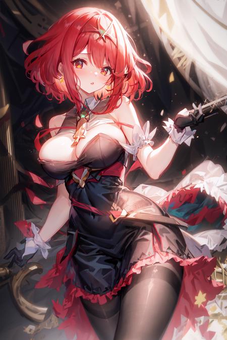 masterpiece,best quality,1girl,pyra,solo,bare_shoulders, black_ribbon,middle breasts, white_dress, collared_dress, dress, gloves, hair_ornament, hair_ribbon, hand_up, narrow_waist, neck_ribbon, pantyhose, pantylines, parted_lips, ribbon, short_dress, sleeveless, sleeveless_dress, swept_bangs, wrist_cuffs,   <lora:homura-000002:1>