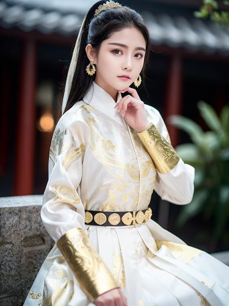 feiyu_clothes, white fabric, gold embroidery,  black bracer with golden embroidery,  white collar, high ponytail,  headband, depth of field, night cityscape, (1girl:1.6),   ulzzang-6500v1.1, (original: 1.2), (realistic: 1.3) , beautiful girl with beautiful details, extremely detailed eyes and face, eyes with beautiful details, absurd, incredibly absurd, huge file size, ultra detail, high resolution, ultra detailed, best quality, masterpiece, illustration, ultra detailed and beautiful, ultra detailed, CG, unity, 8k wallpaper, amazing, fine Detail, masterpiece, top quality, official art, extremely detailed CG unity 8k wallpaper, cinematic lighting, (perfect shiny skin:0.6), slim and smooth lines, (floating), (small breasts:1),  earrings , <lora:Feiyu_clothes_v1:0.8> <lora:koreanDollLikeness_v15:0.2>