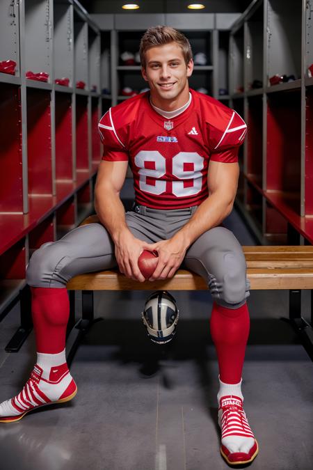 in an American football locker room, (sitting on a bench), legs spread open, JackHarrer, American football player wearing American football uniform, American football shoulder pads, (((red jersey))), jersey number 88, (((gray football pants and pads))), ((red socks)), long socks, (sneakers), slight smile, masterpiece, (((full body portrait))), full body shot   <lora:JackHarrer:0.8>