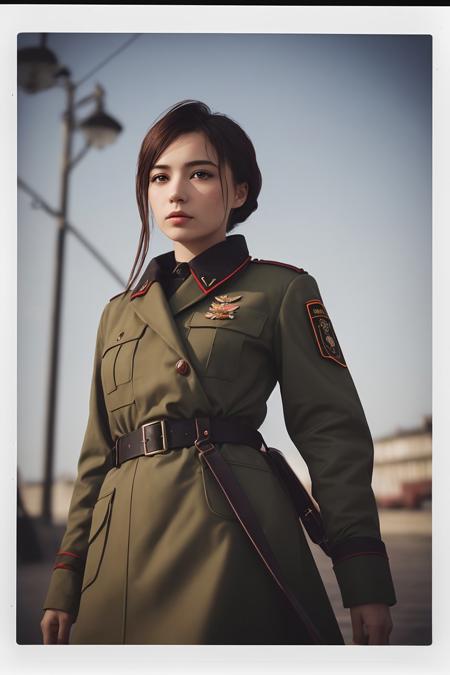 8k, realistic, vray, HDR, 6000K, portrait photo of beautiful, best quality, masterpiece, highly detailed, ultra-detailed,  bestgirlone 1girl, military uniform, ussr soviet umion, Army checkpoint in the background,  sharp focus
creating a hyperpunk scene with desaturated dark red and blue details, colorful polaroid with vibrant colors, (vacations, high resolution:1.3), (small, selective focus, european film:1.2), art by Otomo Katsuhiro