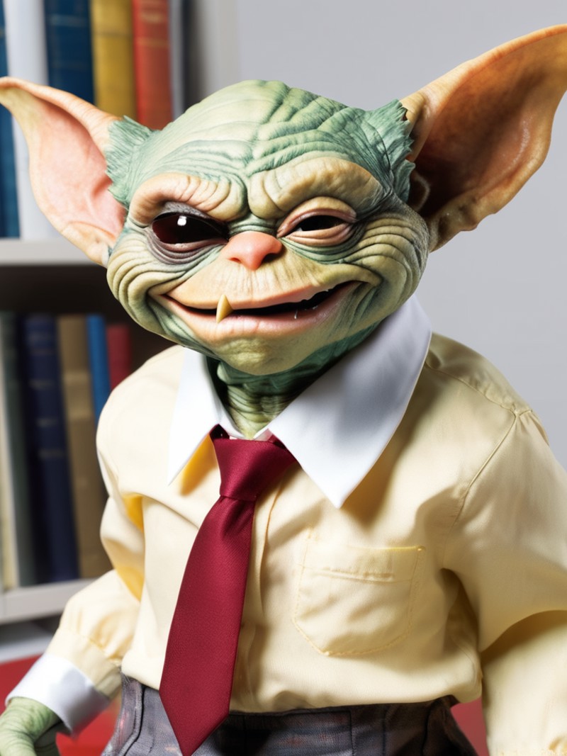 a Gremlin in a (shirt and collar and tie), (winks with one eye at viewer:1.4), (background books), close-up, (one eye clos...