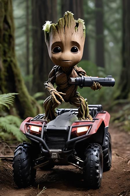A full body photo of the Groot on Endor, it's carrying an laser gun and riding an ATV, 
It looks cute and adorable yet fierce at the same time, The Groot equivalent of Rambo, funny, 
highest quality, exceptional accuracy and realism,
