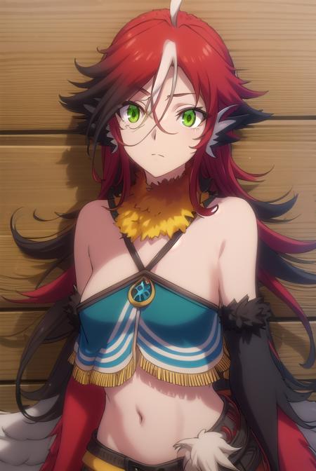 illy, long hair, bangs, animal ears, hair between eyes, (green eyes:1.3), ahoge, red hair, multicolored hair, two-tone hair, monster girl, bare shoulders, wings, midriff, feathers, feathered wings, harpy, winged arms, talons, bird legs,