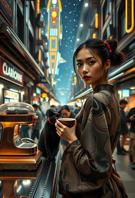 Setting is a futuristic cyberpunk street market at night, the market is comprised of street vendors selling robot parts, food, weapons, and robot pets. People wearing futuristic cyberpunk clothing are walking through the street market shopping and eating, A sleek black cat with red collar sits on a cluttered metal riveted counter with transparent top and micro-LED lighted computer components visible inside, On the counter is a classic ornate art deco espresso machine of copper and brass, (((a beautiful woman, 24 years old, is standing in the foreground facing the viewer with a steaming cup of espresso in her hand. Her eyes are beautiful and focused on the viewer, she has an expression of interested curiosity))), the sleek black cat with red collar is sitting on the desk and watching the people walking by in the busy street market, the woman is dressed in futuristic cyberpunk Japanese style kimono-style clothing that are sexy and Japanese classic aesthetic. An enormous art deco inspired starship with futuristic lighting and an enormous space station are visible in the background among the stars, The woman's hair is elegantly tied up with a ribbon. Artistic cyberpunk, dynamic perspective, (((overall architectural aesthetic is Art Deco Cyberpunk))).  Epic image that elicits a feeling of wonder and awe, part of the interior is visible,