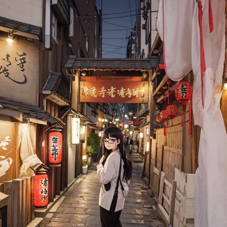 best quality, ultra-detailed, illustration,
1girl, glasses, solo, black hair, long hair, smile, looking at viewer, upper body, face focus,
houzenji yokocho, gate, osaka, japan, lantern, paper lantern, outdoors, scenery, night, storefront, alley, road, bag, street, 
 <lora:houzenji_yokocho_SD15_V1:0.8>