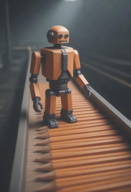pencil robot, industrial, factory, conveyor belt