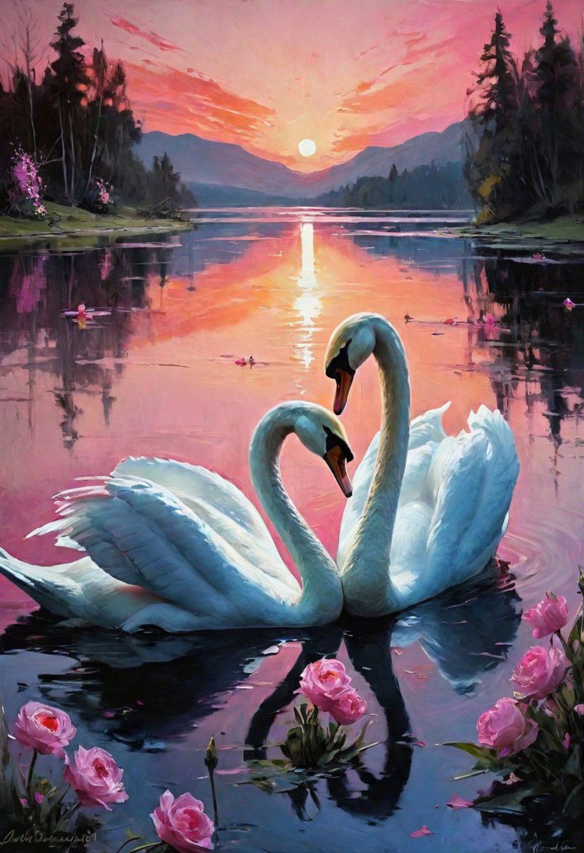 A serene scene of two white swans swimming together in a lake at sunset, surrounded by pink flowers.
