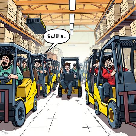 A humorous illustration of chaotic Forklift warehouse workers moving recklessly in different directions, looking disorganized and exaggeratedly clumsy. In the background, a terrified pedestrian flees with a comically exaggerated expression of fear. Bublle say "Molina" The scene is set in a bright warehouse environment, drawn in a colorful, cartoonish style, emphasizing exaggerated features and comic elements."