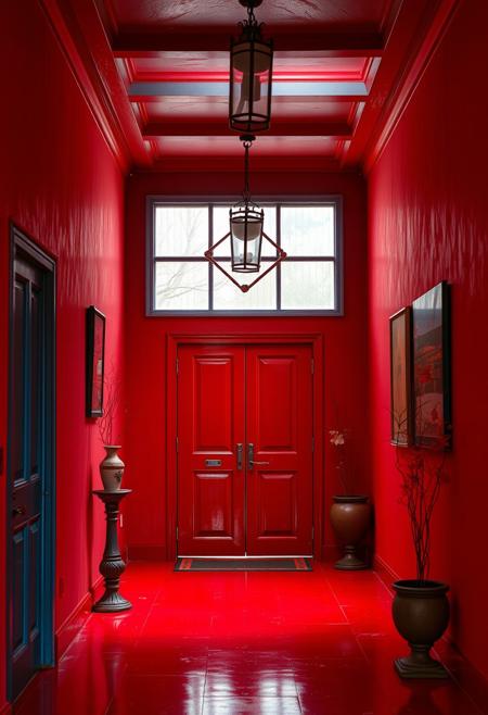 The most noticeable aspect to this entryway is the startling overload of
redness.  The walls, ceiling and floor are all a striking red -- the exact
color of human blood.  The richness and choice of color is in stark contrast
to the sky blue that the entire outside of the building is decorated with. 
The serenity of the outside is all but forgotten.  Beyond the vibrant color
the decor is very subdued, and very sparse.