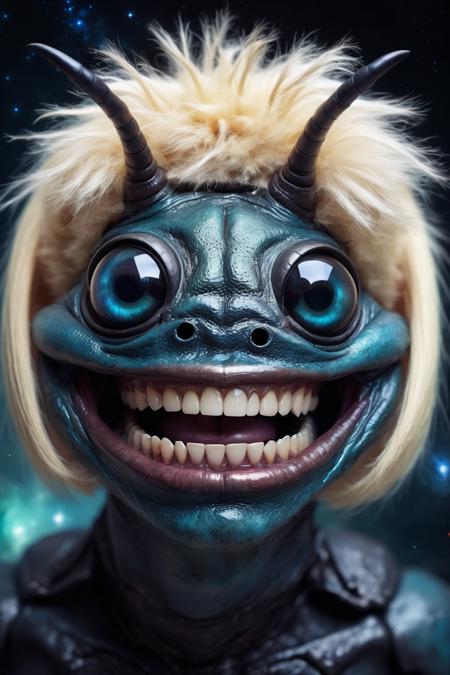portrait of a beetle monster, human smile, human teeth,galaxy eyes, lips, blonde fur on head