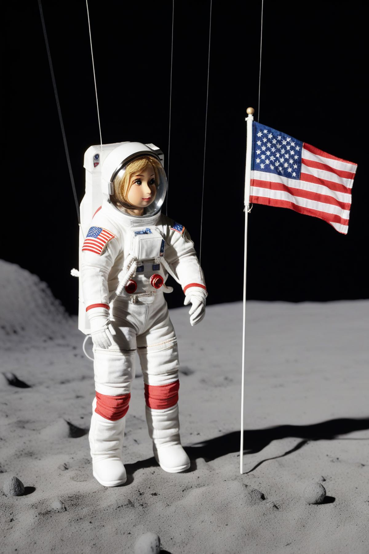 A doll astronaut standing in front of an American flag.