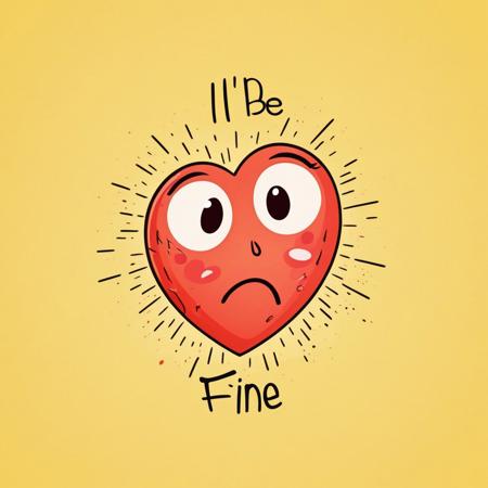 A cartoon-style broken heart character with large, expressive eyes filled with sadness, tears streaming down its face, and a sorrowful expression. The heart has visible cracks and a slightly uneven shape, emphasizing its broken state. Below the heart, the text "I'll be fine" is displayed in a colorful, expressive font, slightly wavy and hand-drawn, adding to the emotional yet hopeful tone. The background is simple, allowing the character and text to stand out clearly. Soft shading and vibrant colors enhance the depth and emotional impact. (masterpiece:2), best quality, ultra highres, original, extremely detailed, perfect lighting.
