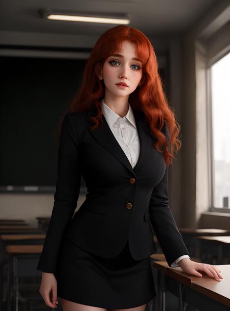 woman wearing teacher suit in classroom dramatic lighting, upper body, facing viewer, beautiful woman medium long red hair, <lora:SkyBlueV5:0.7>, perfect eyes, facing viewer