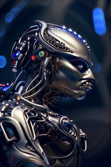 cinematic film still silverpulse, cyborg yautja, simple background, high quality, artistic, vibrant colors, detailed textures. futuristic sleek/glossy silver and blue glow, vibrant colors, detailed textures., Concept art, cyborg, background, vintage, modern, SilverPulse, <lora:SilverPulseMorphXL:0.8>, excellent composition, artistic, highly detail, holy, sunny, dynamic dramatic beautiful full taking . shallow depth of field, vignette, highly detailed, high budget, bokeh, cinemascope, moody, epic, gorgeous, film grain, grainy, side view,