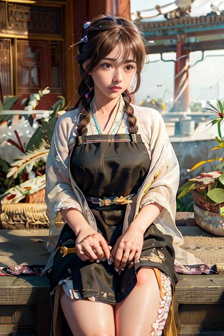 <(realistic:1.3), intricate details>, 1girl,legs,a girl at building,(((building))),  braided bangs,braided ponytail,(solo:1.2),apron,thick thighs,side-tie panties, balck hair, 16yo,<lora:gugong:1>,looking at viewer, sunlight,hanfu, <lora:hanfu_v28:0.8>