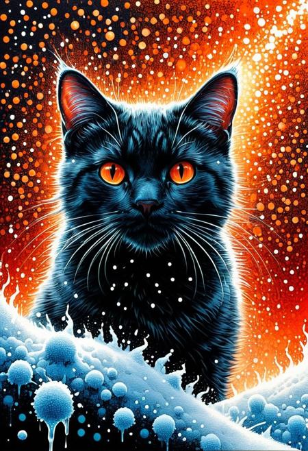 Silhouette Art, cat, breathtaking detailed, masterpiece, lovely, charming, awe-inspiring, radiant, magnificent. (all dark hues and fine vibrant orange glowing smoldering accent and shiny gold color scheme:1.02). glossy.
<lora:InkArtXL_1.2:0.4> <lora:FaeTastic:0.35> . award-winning, professional, highly detailed . extremely high-resolution details, photographic, realism pushed to extreme, fine texture, incredibly lifelike, high contrast, well defined .
Silhouette, Pointillism multicolored pin point clumped needle thin dots grainy collage stencil texture style, Angled slanted 2 point perspective visual depth back shot pointillism gust white snow pointillism dot particles partially covering woman, cyan pointillism water dots dripping down smaller dot circles ceiling pointillism dot white icicles, orange glow emanating, wind gust snow dots pointillism white wind patterns, capturing motion, semi-realistic Minimalist vector illustration, futuristic, sharp angular designs, bold red background, intense expression, modern urban style, clean lines, high contrast between black, white, and red, sleek futuristic aesthetics.