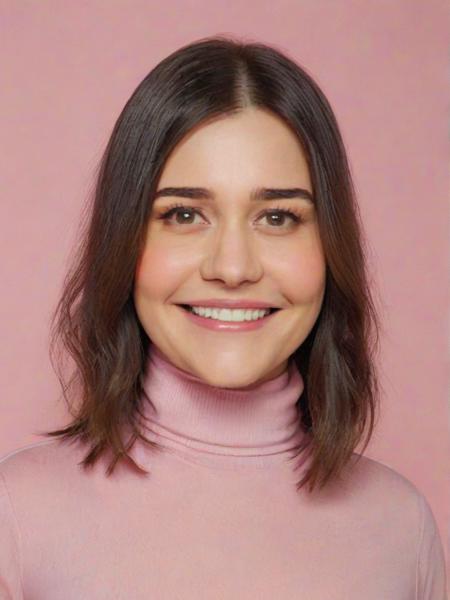 Photo of al3ss4n3grin1, smiling, pink turtleneck blouse, white background