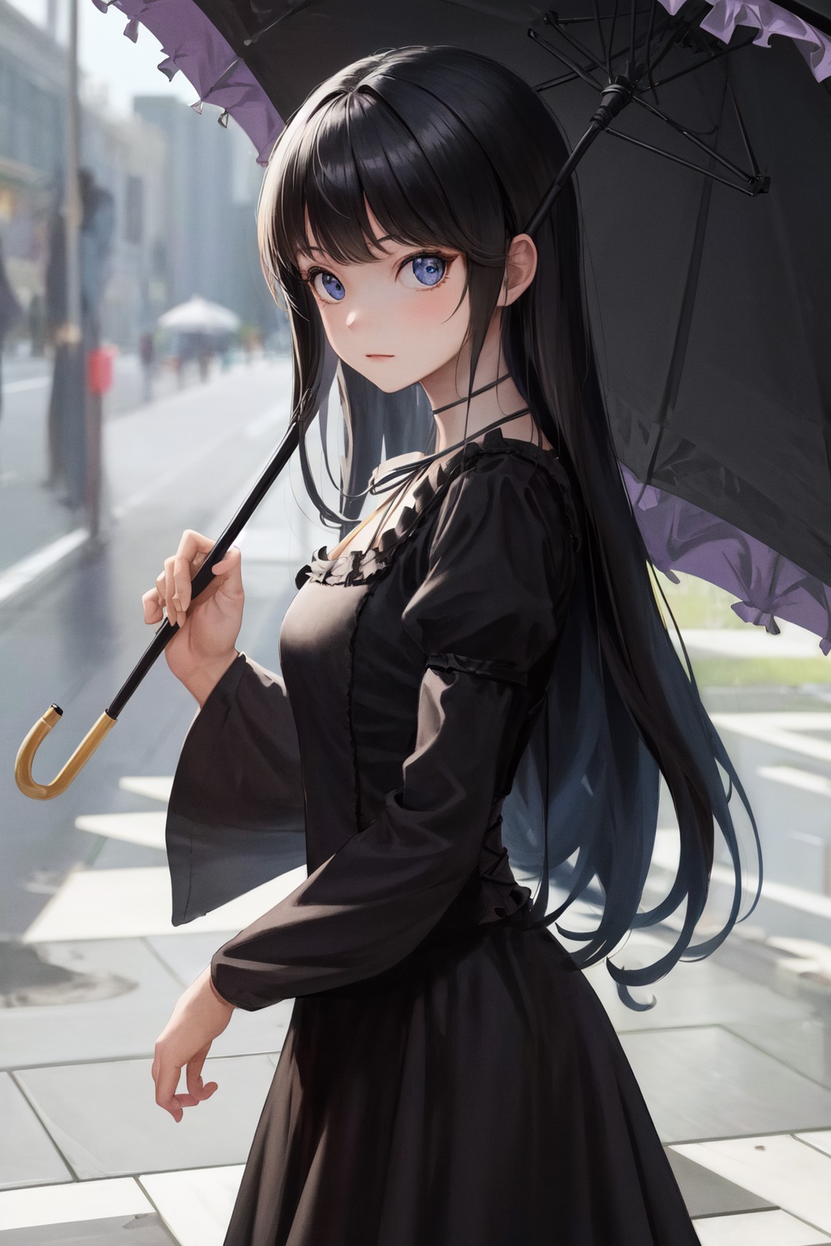 masterpiece, best quality, highres, 1girl, black dress neck ribbon <lora:natsuki_minamiya:1> holding umbrella, looking at ...