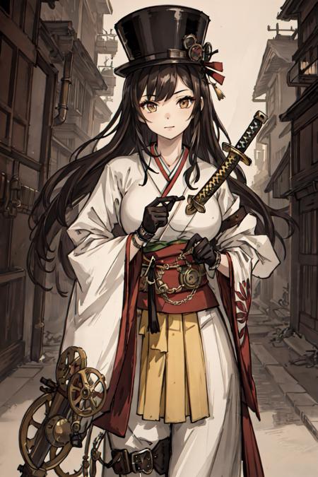 ((best quality, high_resolution, distinct_image)), girl,hanbok,holding_2sword,detailed background,steampunk,