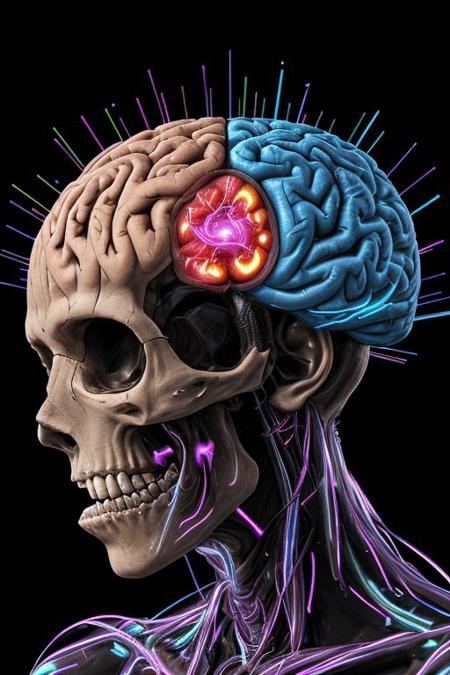 A man drowning inside his own mind. FRONT VIEW. Subliminal messaging, Horror, neon-colored brain scan aesthetic on black background. the figure of a skull is seen inside the brain scan. Psychedelic brain scan. Horror, Vibrant, glowing neural pathways Abstract, futuristic aesthetic. Style mimics bioluminescence art. Sharp contrast between vivid colors and deep black background. realistic rendering of brain lobe. Conveys sense of brain death, cognitive decline, and mental degradation. Sharp jagged teeth. Horror theme.