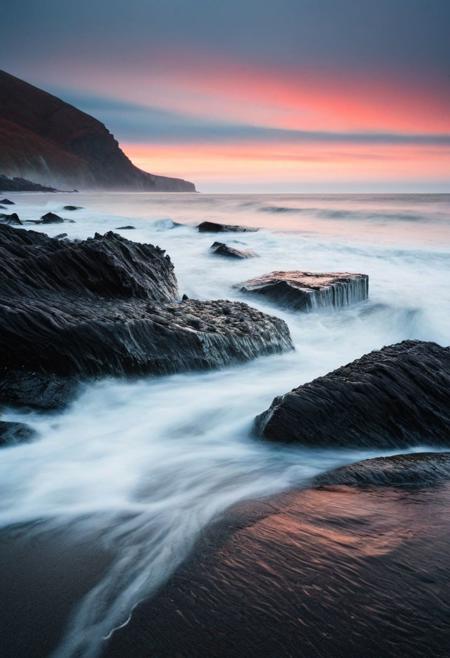 In this picturesque scene, a black beach stretches endlessly, its dark sands contrasting with seamless waves that roll gently onto the shore. Captured through the lens of a Canon EOS 5D Mark III with an exposure setting of 1/160s, f/8, ISO 100, every detail is crisp and clear. The minimalist abstraction and subtle gradient backdrop create a tranquil yet evocative ambiance, inviting viewers to immerse themselves in the surreal calm of the coastal landscape. Against the backdrop of misty mountains and cloudy skies, the conceptual portraiture of nature plays on perception, offering a visual metaphor for the vastness of the ocean. The mist adds an ethereal quality to the scene, enveloping the beach in a soft, dreamlike haze, while waves crash against the rocks in a mesmerizing display, captured in long exposure photography mode, creating a sense of motion and dynamism. Over the horizon, red hues of sunset paint the sky, casting a warm glow that bathes the scene in a serene and enchanting light. Through the play on visual metaphor, the photograph captures a moment of serene beauty, where the contrasting elements of land and sea converge seamlessly, creating a harmonious composition that is both captivating and serene.
