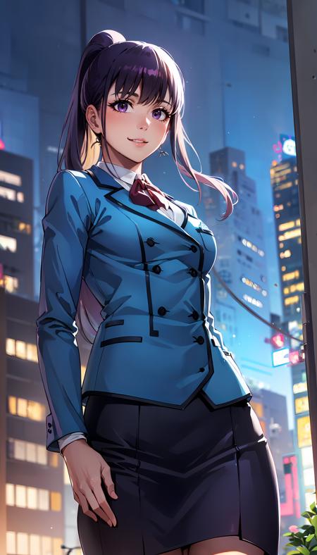 photorealistic, (4k), depth of field, (Masterpiece), (realistic skin texture), extremely detailed, intricate, hyper detailed, professional photography, bokeh, high resolution, sharp detail, best quality, girl, purple hair, ponytail, purple eyes, blue school uniform, skirt, <lora:GoodHands-vanilla:0.8> , nice hands, perfect hands, <lora:detail_slider_v4:0.8> ,  <lora:Jin-Ah Sung-000004:0.8> , twisted torso, dynamic pose, modern city, skyscraper, walking down the street, sunlight, daytime, reflections,