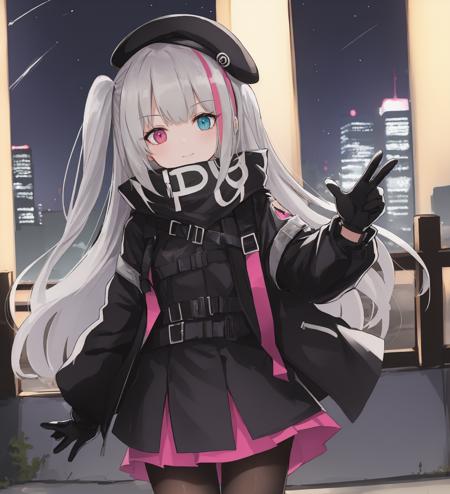 <lora:MDRNormal:1>,solo,1girl,MDRNormal,streaked hair,grey hair, pink hair, heterochromia,blue eyes,pink eyes,one side up,beret,gloves,pantyhose,black jacket,pink straps,black skirt,tan,city,night sky,black shirt