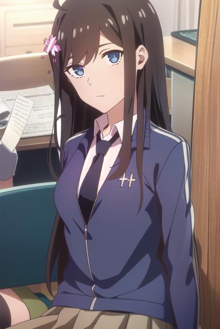 sunrong, <lora:sunrong-lora-nochekaiser:1>,
sun rong, long hair, black hair, hair ornament, ahoge, blue eyes, hair flower,
BREAK skirt, school uniform, jacket, pleated skirt, necktie, kneehighs,
BREAK looking at viewer,
BREAK indoors, classroom,
BREAK <lyco:GoodHands-beta2:1>, (masterpiece:1.2), best quality, high resolution, unity 8k wallpaper, (illustration:0.8), (beautiful detailed eyes:1.6), extremely detailed face, perfect lighting, extremely detailed CG, (perfect hands, perfect anatomy),