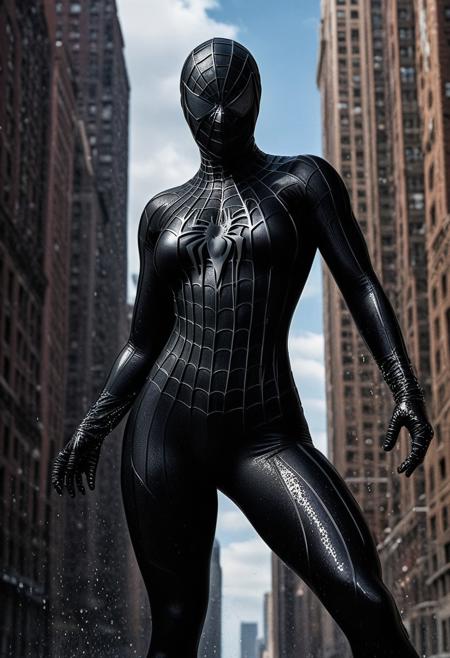 score_9, score_8_up, score_7_up, best quality, realistic, masterpiece, beautiful detail, hyperrealistic, afternoon sky, ((1girl, woman body, big breasts)), amazing detailed full body portrait of a beautiful girl, wearing a realistic and highly detailed black raimi spider-man suit, ((huge muscular girl)), ((wears black spiderman mask)), professional model wears ultra - detailed black raimi spider - man suit, ultra - detailed and grained black raimi spiderman suit, suit covered entire body and hand, black spiderman gloves, wet, (cute dance pose), (full body), (dirty skin), octane render, highly detailed, volumetric, dramatic lighting, (highest quality:1.1), (HDR:1.3), (top quality, best quality), realistic, high definition,