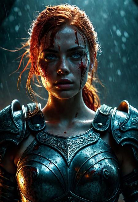 Ultra detailed digital art masterpiece beautiful Warrior girl dressed in a plate iron Armor and mini skirt, Standing on a bloody battlefield at the head of an army of knights, where a bloody slaughter is taking place, standing in battle pose, a dark epic fantasy, perfect lighting, beautiful Sadie Sink as bloody Warrior girl, attractive woman, elegant, beautiful woman of athletic body, epic shot of the whole Warrior girl, unreal engine 5 nanite quality, dark environment, very stormy day, LOTR style, dark washed out eyeliner, no make up, natural bloody pale face, realistic blue eyes, ultra detailed atmospheric details, beautiful glowing effects, sparkle effects, realistic body proportions, beautiful face proportions, complex masterpiece, wavy red hair, creative glowing detailed tattoos, complex physics, enhanced colors, complimentary colors, ultra detailed raytracing reflections, Ultra detailed complex background, environment feels alive, direct eye contact, dramatic lighting, wet and sweaty skin, beautiful firm Breasts, Daylight, Concept art by Greg Rutkowski, adding to the intense and dynamic atmosphere of the scene.