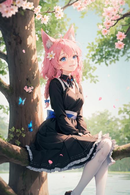 1girl,butterfly,flower,solo,bug,blurry,bangs,sitting,dress,animal,outdoors,smile,day,tree,blush,water,branch,sky,ahoge,petals,ribbon,animal ears,long hair,hair flower,depth of field,hair ornament,blue eyes,very long hair,long sleeves,blonde hair,red flower,blurry foreground,closed mouth,in tree,blue butterfly,looking away,animal ear fluff,pink flower,red dress,blurry background,sitting in tree,fox ears,cat ears,korean clothes,white flower,, solo,full body, ,art by Cornflower,dreamy,(pilyeon),(extremely detailed CG unity 8k wallpaper, masterpiece, best quality, ultra-detailed, best shadow), ,(best illumination, an extremely delicate and beautiful),beautiful detailed glow,dynamic angle, ,(beautiful detailed face, beautiful detailed eyes),High contrast,(1girl:1.5),braided hair one side, ,(iridescent hair:1.2),pink hair,,(fox_ears ,hime_cut,,) (white pantyhose:1.2),1 girl Wearing Transparent Greek dress,(transparent:1.3),purple eyes,<lora:SilvermoonMix12_2:1>