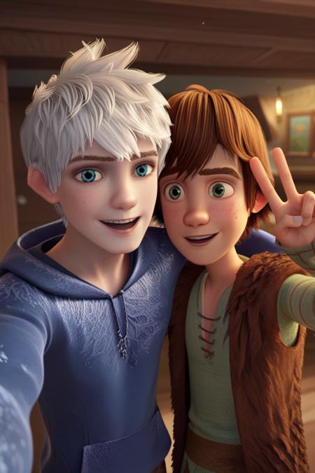 jack frost, white hair, blue eyes hiccup, brown hair, green eyes