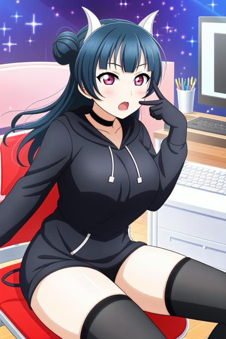 1girl, high_quality, 8k, masterpiece, (round_pupil:1.2), vivid_colors, soft_shadows, (high_quality_eyes:1.2), 
(night:1.2), (bedroom:1.2), (computer:1.2), (office_chair:1.2),
looking_at_viewer, sitting,
blushed, happy, open_mouth,
(black_hoodie:1.2), (black_shorts:1.2), (black_thighhighs:1.2), long_sleeves, black_choker, (black_gloves:1.2), fake_horns,
thick_thighs, (perfect_hips:1.2),
ADDBASE 
1girl, high_quality, 8k, masterpiece, (round_pupil:1.2), vivid_colors, soft_shadows, (high_quality_eyes:1.2), 
(night:1.2), (bedroom:1.2), (computer:1.2), (office_chair:1.2),
looking_at_viewer, sitting,
blushed, happy, open_mouth,
(black_hoodie:1.2), (black_shorts:1.2), (black_thighhighs:1.2), long_sleeves, black_choker, (black_gloves:1.2), fake_horns,
thick_thighs, (perfect_hips:1.2),
(slightly_big_breasts:1.3), (sexy_body:1.2), single_bun, <lora:sksyoshiko:0.8>