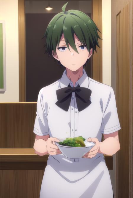 kouyou akizuki, ahoge, male focus, green hair, shirt, apron, waist apron, waiter, shirt, white shirt, collared shirt,