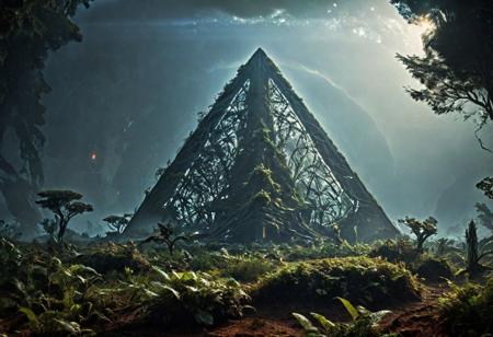 landscape of an unexplored planet from the Mass Effect universe, huge Protean pyramid with luminescent strange patterns, intricate mystical dreamlike melancholic maiden, masterpiece, intricate, Hasselblad x2D 100c, ISO 300, 1/250s, F/2,8, 38 mm, extremely high quality RAW photograph, surrealistic dense vegetation, fantastically shaped trees, SR1 Normandy spacecraft standing in the background, 8K, HDR, depth of field, dark high-contrast, extremely detailed, atmospheric haze, dramatic lighting, high contrast, intense shadow play, dark palette, <lora:add-detail-xl:1.2> <lora:Bio-Luminescence:0.6> bioluminescent, glowing,  <lora:xl_more_art-full_v1:0.6>