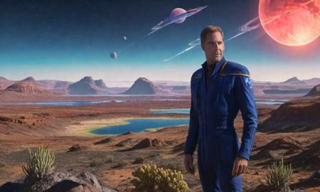 breathtaking <lora:captain_archer_10x114:1> captain_archer, man, Alien planet, 4K resolution, (extraterrestrial landscape), (vibrant sky with two moons), (otherworldly flora), (futuristic explorer gear), (sense of wonder), (rich and intricate details), (photo-realistic quality), (mysterious atmosphere), (shimmering alien lakes), (vast horizon), (unearthly colors), (dynamic shadows)    . award-winning, professional, highly detailed