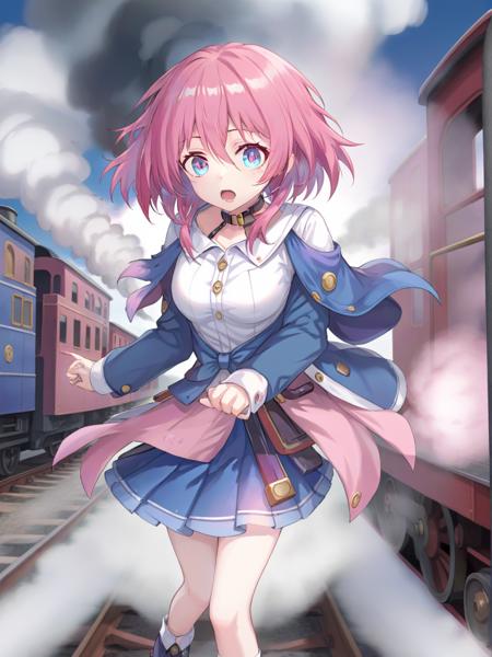 Nanoka3 pink hair white shirt blue skirt jacket