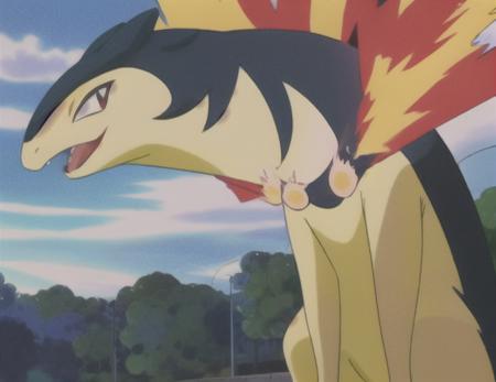 hisuian typhlosion, anime, back on fire, neck on fire, open mouth, tongue, wide-eyed, looking at viewer, standing, side view, outdoors, cloudy sky, cloud