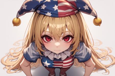 masterpiece, suujiniku, clownpiece, jester cap, star print, fairy wings, pink eyes, short sleeves, polka dot headwear, short dress, hair between eyes, blonde hair, standing, torch, bangs, american flag dress, very long hair, full body, striped dress, star \(symbol\), purple headwear, striped pantyhose, hat, red eyes, neck ruff, american flag legwear, crawling, perspective,extreme close-up shot, volcano