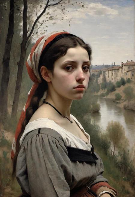 (best quality, Masterpiece:1,1)young pretty  Melancholy Italian girl ((by Jean-Baptiste-Camille-Corot)), oil painting, Detailed illustration, very colorful, grotesque, Intricate details, tempering, (aesthetics), excitement, hyper-realistic, insanely detailed