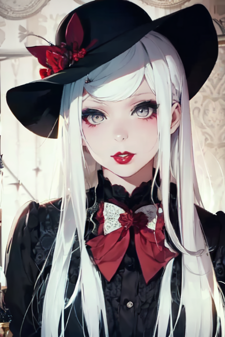 m4rth4, black hat, white hair, long hair, white eyes, red lipstick, black shirt, red bow on chest, black gloves