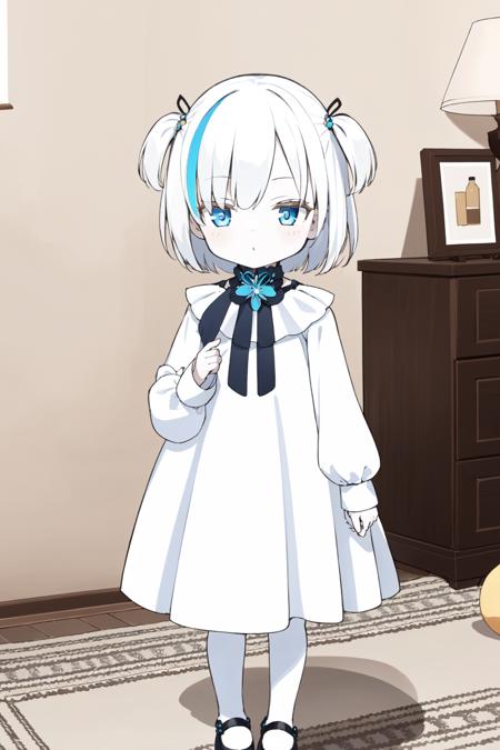 TB, 1girl, solo, bangs, white hair, streaked hair,  colored skin,  blue eyes, puffy long sleeves,pleated skirt, thighhighs,shoulder cutout, indoors, white dress, two side up,sparkle,