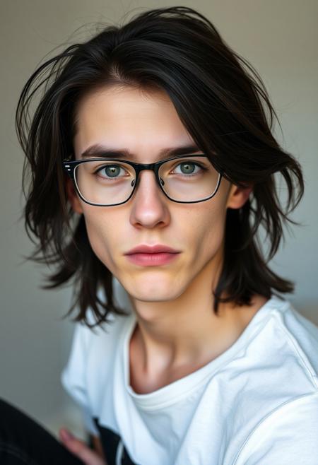 20 years old caucasian man, pale skin, black hair flows freely and touches his shoulders, thin with no muscles, dark green eyes, glasses, looking at viewer, white t-shirt, black jeans