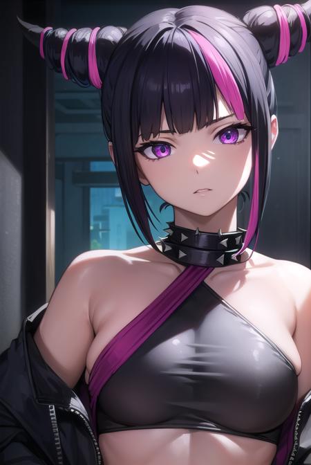 jurihan, <lyco:jurihan-lyco-nochekaiser:1>,
juri han, asymmetrical hair, black hair, (diagonal bangs:1.5), hair horns, medium hair, multicolored hair, (purple eyes:1.1), pink hair, two-tone hair,
BREAK black collar, chinese clothes, collar, crop top, navel, spiked collar, spikes, pants, baggy pants,
BREAK indoors,
BREAK looking at viewer, (upper body:1.5),
BREAK <lyco:GoodHands-beta2:1>, (masterpiece:1.2), best quality, high resolution, unity 8k wallpaper, (illustration:0.8), (beautiful detailed eyes:1.6), extremely detailed face, perfect lighting, extremely detailed CG, (perfect hands, perfect anatomy),