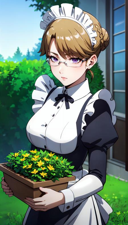 photorealistic, (4k), depth of field, (Masterpiece), (realistic skin texture), extremely detailed, intricate, hyper detailed, high resolution, sharp detail, best quality, woman, maid outfit, maid hat, glasses, purple eyes, blonde hair, hair bun,  <lora:GoodHands-beta2:1> , <lora:Haru:0.7> ,gardening, outdoors, flower garden, hedges, picking flowers,