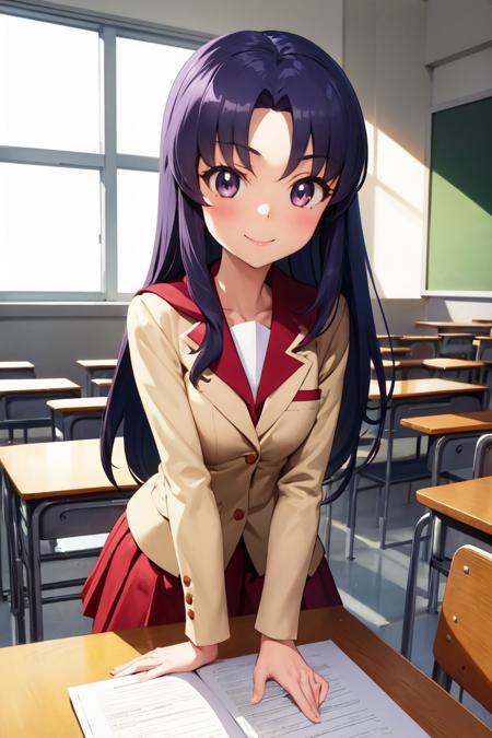 masterpiece, best quality, absurdres, perfect anatomy, 1girl, solo, hikawaIona, long hair, beige blazer, school uniform, red skirt, red sailor collar, blue ribbon, classroom, indoors, window, smile, <lora:CureFortune:0.9>