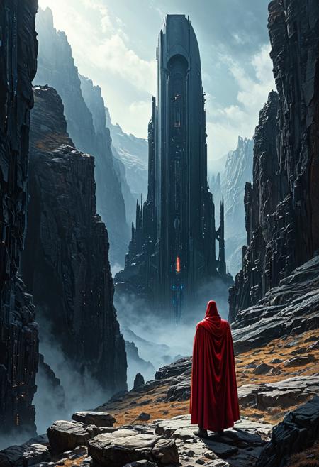 A beautiful expressive painting.
This is a highly detailed digital painting of a fantasy landscape with a very high aesthetic quality. The image showcases a towering, futuristic structure resembling a colossal, mechanical monolith with intricate, metallic textures and a dark, industrial color palette. The structure is set against a backdrop of rugged, canyon-like rock formations and a misty, ethereal atmosphere, suggesting an otherworldly environment. In the foreground, a lone figure dressed in a red cape and dark attire stands on a rocky outcrop, gazing up at the monolith. The lighting is dramatic, with a mix of bright sunlight illuminating the scene from above and casting long shadows, enhancing the depth and realism. The camera angle is low and upward-looking, emphasizing the grandeur of the structure. The background is in focus, providing a clear view of the entire scene.