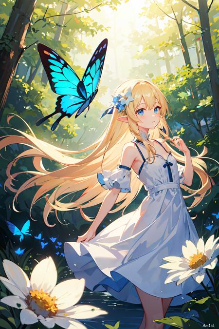 ((masterpiece,best quality)), <lora:GoodHands-vanilla:1>,tyndall effects, reflection light,ray tracing,god rays,forest, blonde hair, long hair,blue eyes, pointy ears, small breasts, white sundress,anadem, hair flower, flying blue butterfly,