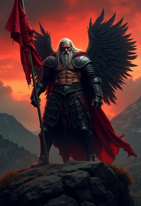 from far away, zoomed in orthographic telelens perspective seen from above as drone aerial shot, scifi movie still with epic renaissance oil painting composition, old man mutating into huge bodybuilder angelic demon from heavenly hell in a mountainscape in the black forest in germany at dawn witth a dark red sky and black clouds, with gigantic muscles, gigantic muscles, huge neck, very long gray hairy swaying in the wind, large round belly overhang, hairy armpits, tanned sweaty oily skin, huge veins on skin, large old mans hairy chest nipples, wearing black plate knight armor, long red tattered cape, masive shoudler pauldrons, black feather angel wings with demonic horns, commander of a legion holding a huge flag, raising banner, call to arms, warcry