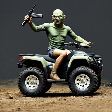 A full body photo of gollum, aka smeagol, he's carrying an Uzi and riding an ATV, 
It looks cute and adorable yet fierce at the same time, realistic, funny, 
highest quality, exceptional accuracy and realism,